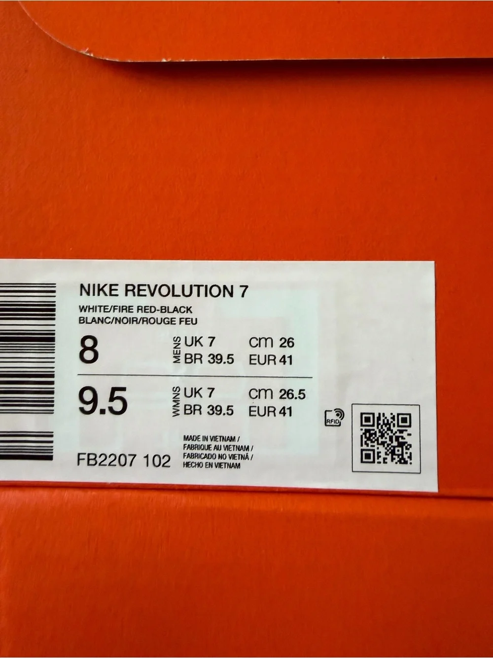Nike Revolution 7 White Fire Red FB2207-102 Men’s Size 8